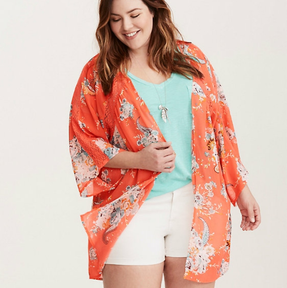 Floral Lace Inset Kimono Coral Torrid